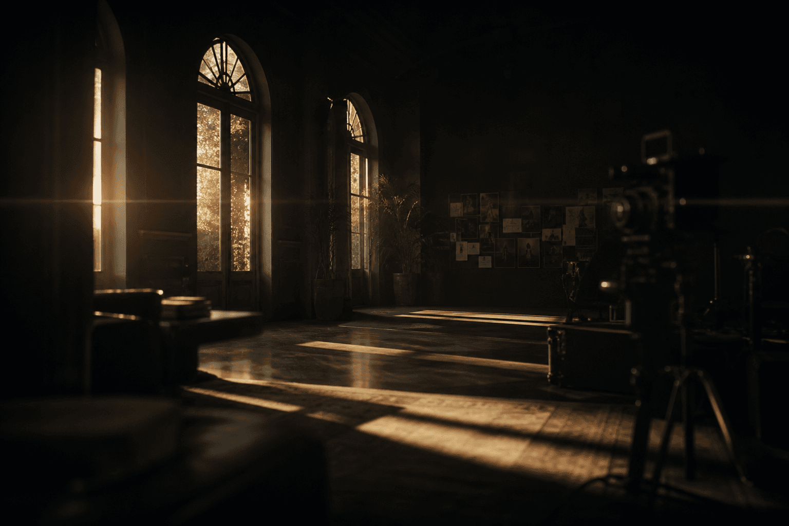 Golden light through the arched windows of the studio