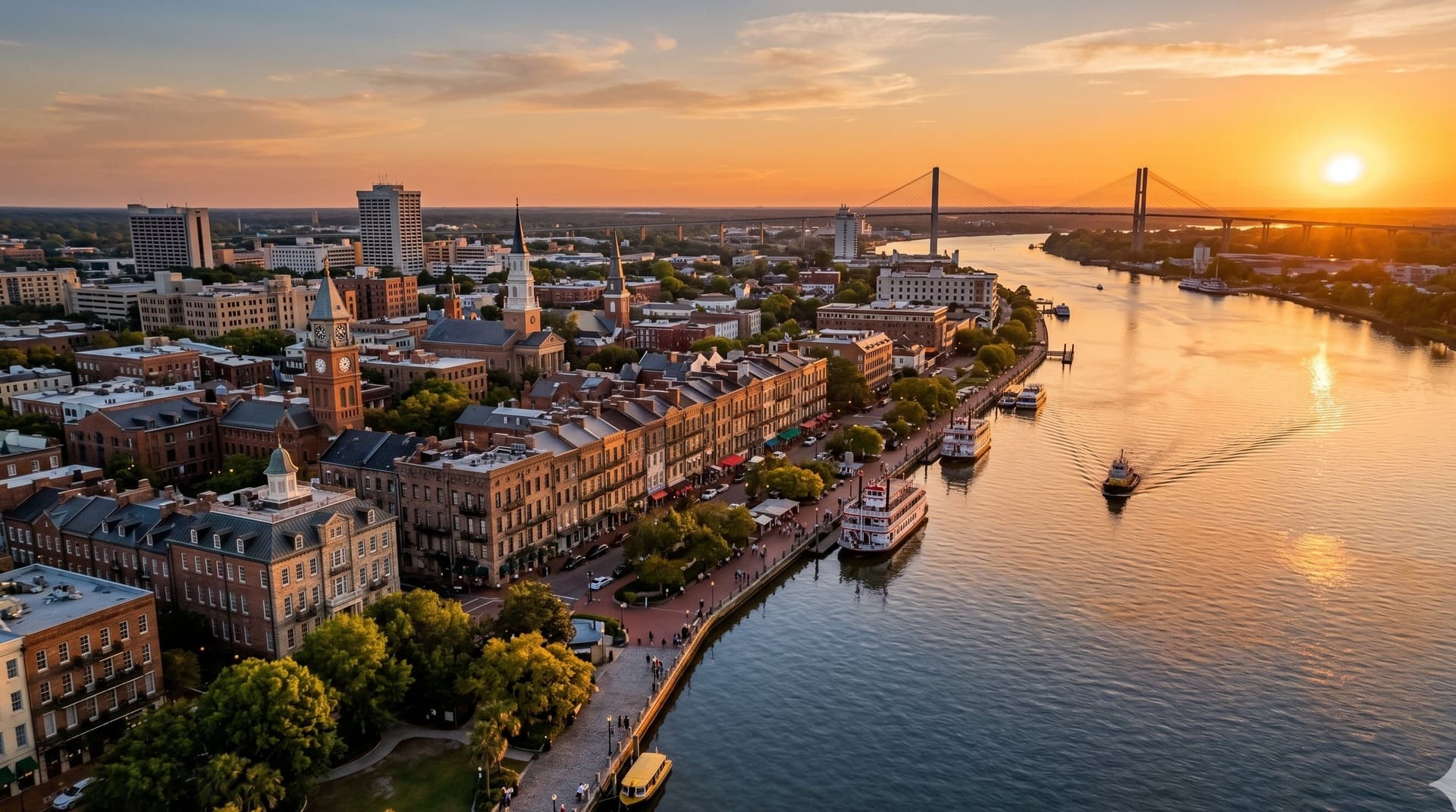 Aerial view of a coastal city at golden hour